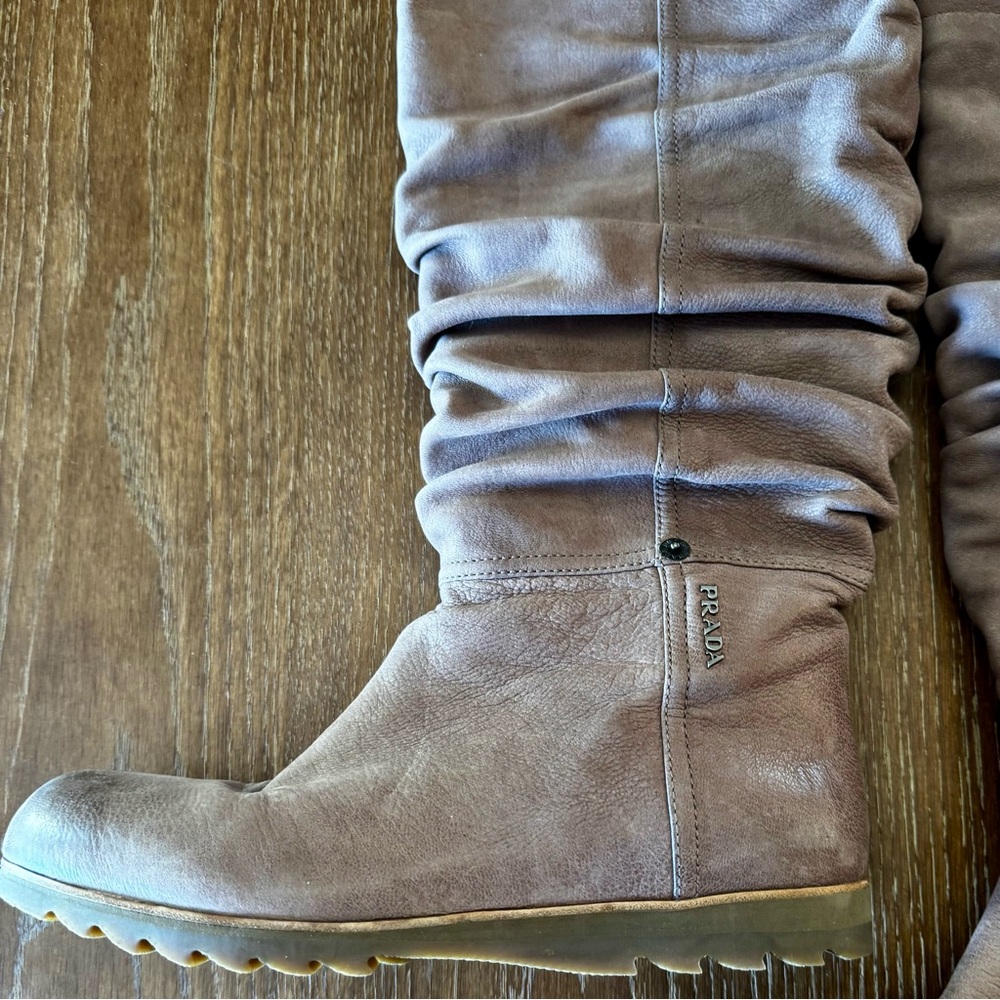 EUC taupe slouchy Prada flat calfskin boots 39 / 8 - Picture 8 of 16